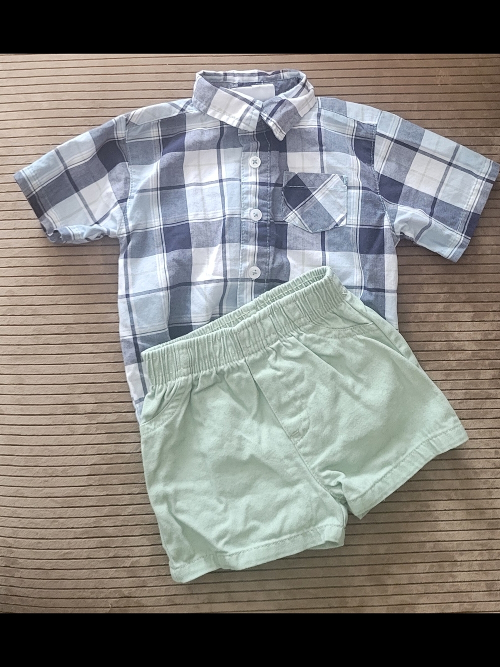 Boys Blue Plaid Shirt & Mint Green Shorts Matching Set